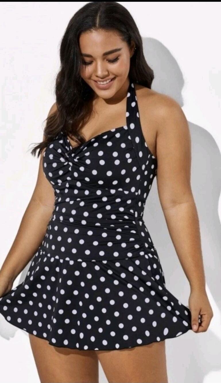 Meet Curve Swimsuit Women Sz 4XL Black White Polka Dot Ruffle One Piece Bandeau